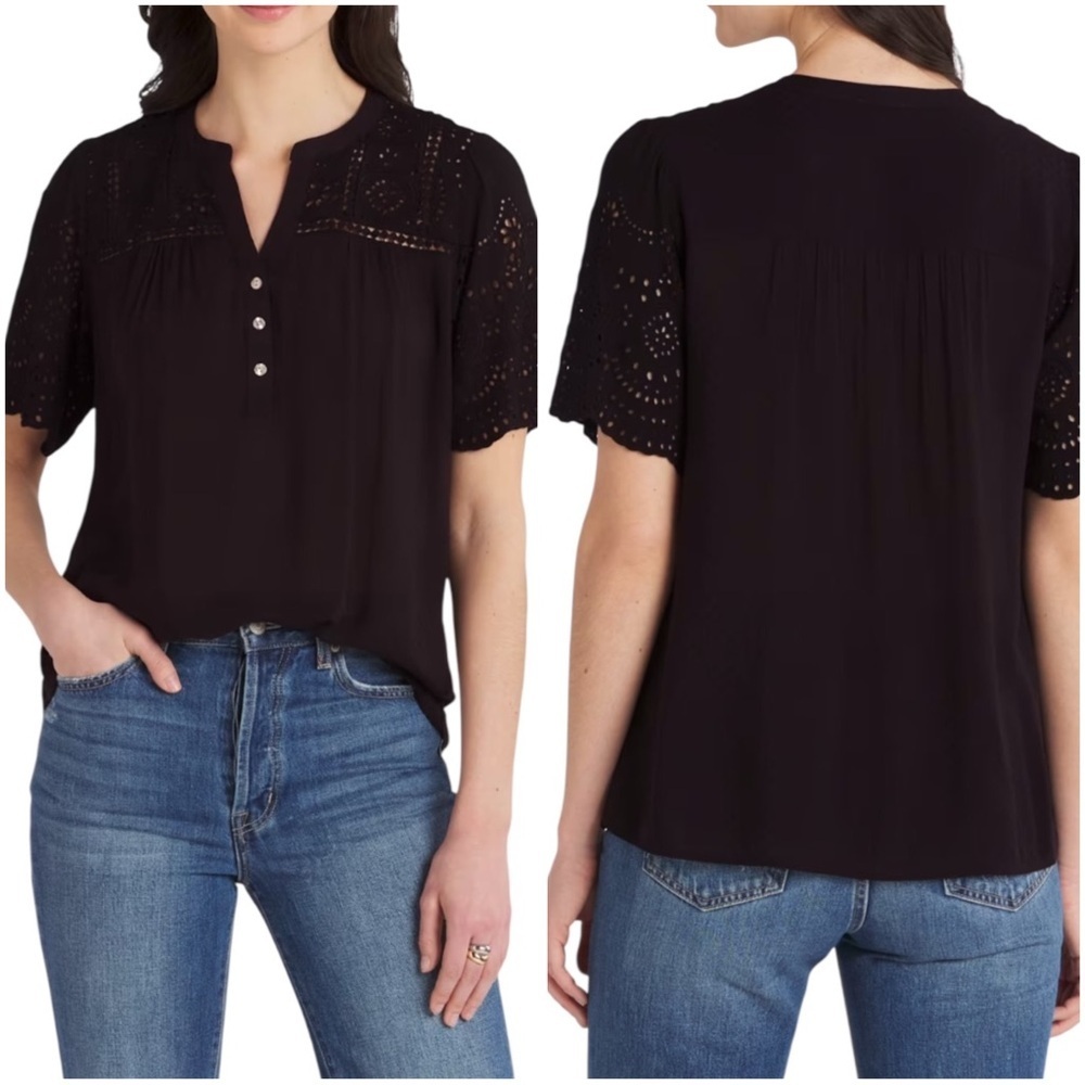 Mason & Belle Large Black Short Sleeve Eyelet Embroidered Blouse
